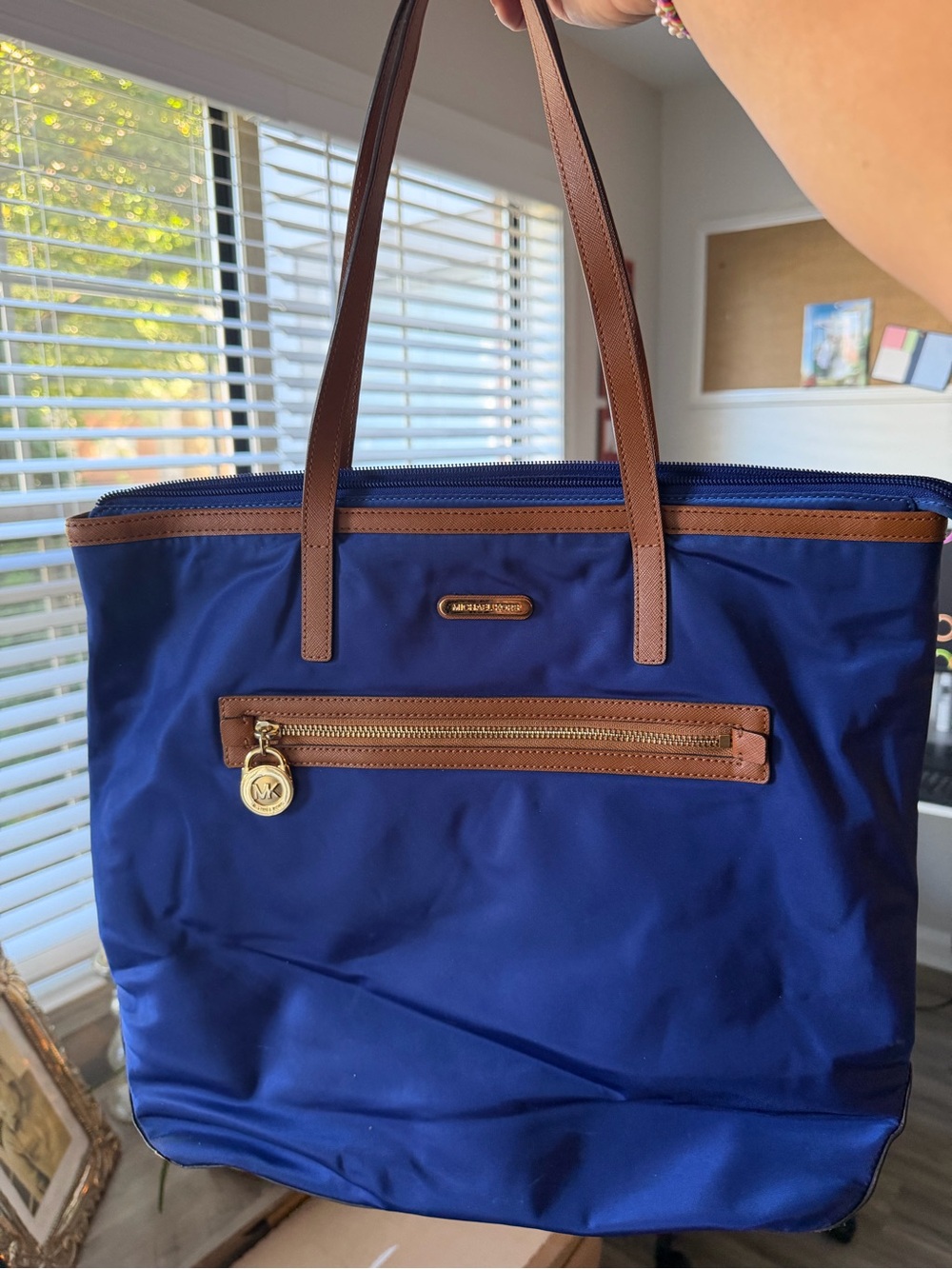 MICHAEL Michael Kors Navy Tote with Brown Trim